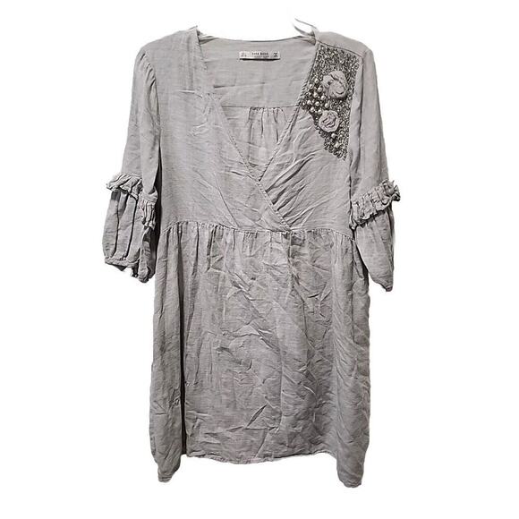 ZARA Embroidered Beaded Puff Sleeve Dress ,Large, Front Hidden Pockets - Picture 1 of 5